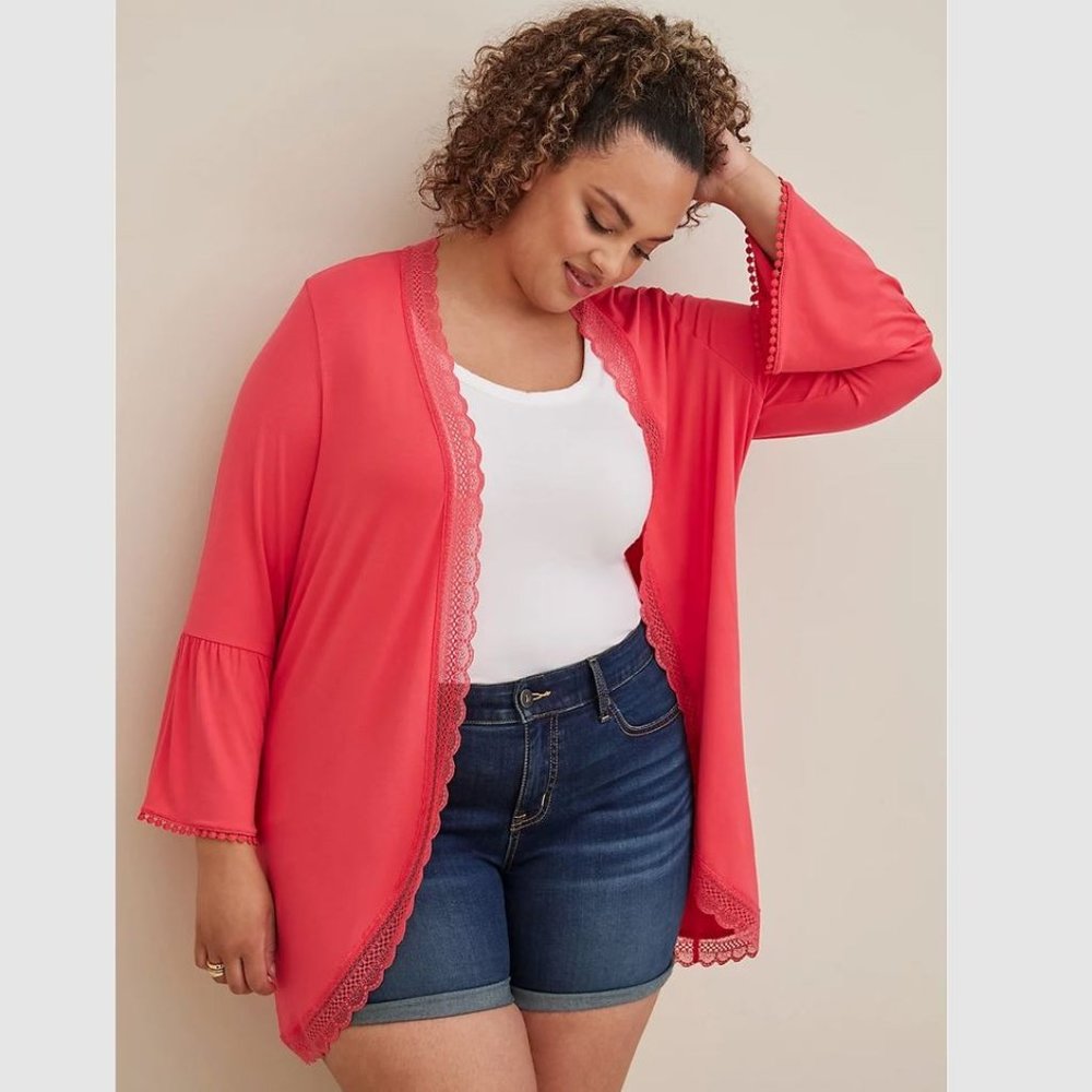 Torrid Size 1X 14-16 Super Soft Cardigan Lace Trim Ruffle Sleeve Coral